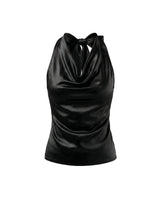 Black satin-look cowl-neck halter top with a tie back, flat lay on white – Moriel Heritage
