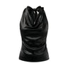 Black satin-look cowl-neck halter top with a tie back, flat lay on white – Moriel Heritage