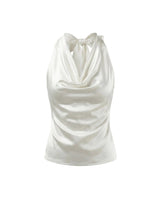 White satin-look cowl-neck halter top with a tie back, flat lay on white – Moriel Heritage