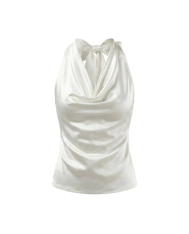 White satin-look cowl-neck halter top with a tie back, flat lay on white – Moriel Heritage