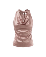 Pink satin-look cowl-neck halter top with a tie back, flat lay on white – Moriel Heritage