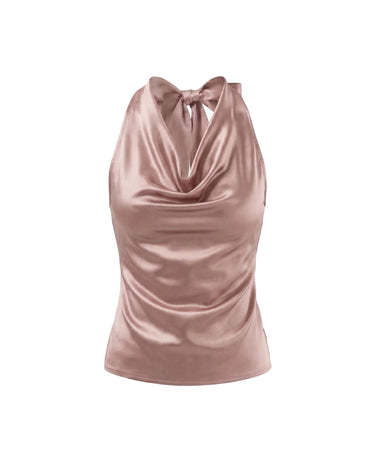 Pink satin-look cowl-neck halter top with a tie back, flat lay on white – Moriel Heritage