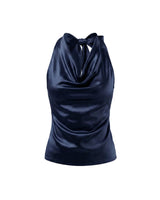 Navy satin-look cowl-neck halter top with a tie back, flat lay on white – Moriel Heritage