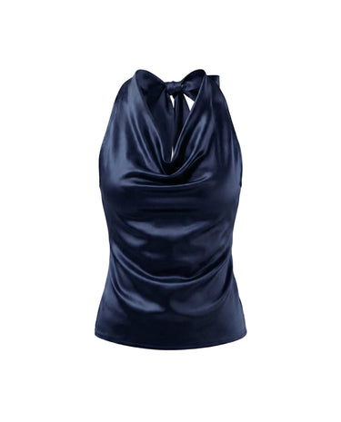 Navy satin-look cowl-neck halter top with a tie back, flat lay on white – Moriel Heritage