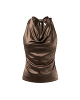 Brown satin-look cowl-neck halter top with a tie back, flat lay on white – Moriel Heritage