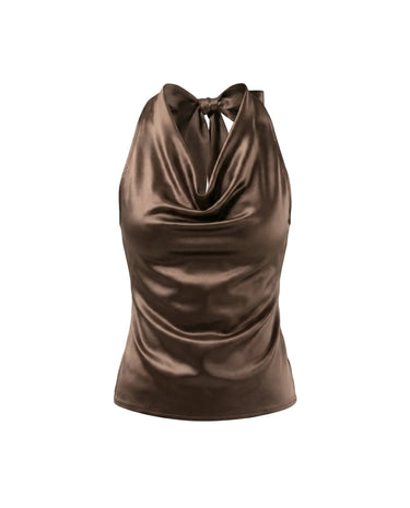 Brown satin-look cowl-neck halter top with a tie back, flat lay on white – Moriel Heritage