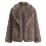 The Lira Jacket in dark brown faux fur, flat lay front view with wide notch collar and hip-length hem