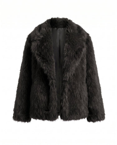 The Lira Jacket in black faux fur, flat lay front view with wide notch collar
