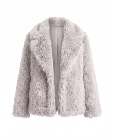The Lira Jacket in ivory white faux fur, flat lay front view with wide notch collar