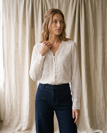 The Lirielle Cotton Blouse in white — cotton blouse with balloon sleeves, front view on model