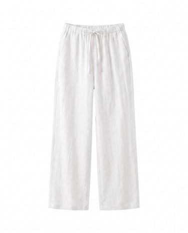 The Loelia Linen Pants in white — high-waisted wide-leg drawstring linen trousers, product flat-lay