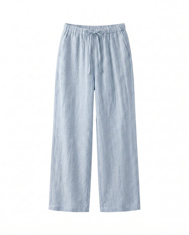 The Loelia Linen Pants in light blue — high-waisted wide-leg drawstring linen trousers, product flat-lay