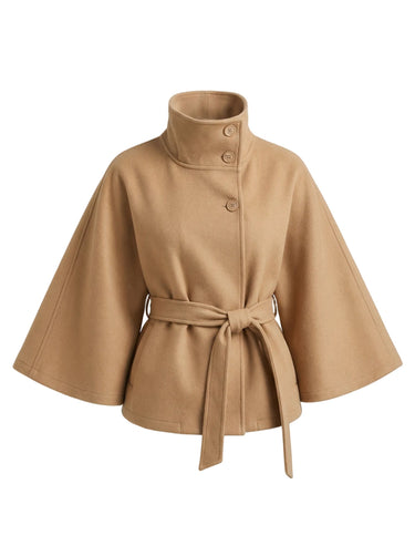 The Lorenne coat in camel — high-collar belted coat with batwing sleeves, product flat-lay