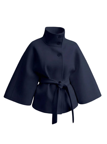 The Lorenne coat in navy — high-collar belted coat with batwing sleeves, product flat-lay