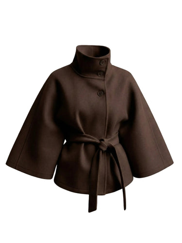 The Lorenne coat in dark brown — high-collar belted coat with batwing sleeves, product flat-lay