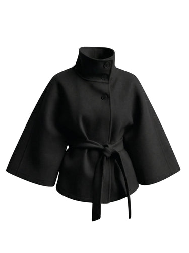 The Lorenne coat in black — high-collar belted coat with batwing sleeves, product flat-lay
