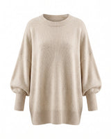 The Lorna knit pullover in beige — relaxed round-neck dropped-shoulder sweater, product flat-lay