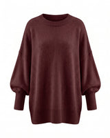 The Lorna knit pullover in burgundy — relaxed round-neck dropped-shoulder sweater, product flat-lay