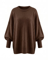 The Lorna knit pullover in brown — relaxed round-neck dropped-shoulder sweater, product flat-lay