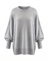 The Lorna knit pullover in gray — relaxed round-neck dropped-shoulder sweater, product flat-lay