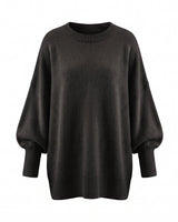 The Lorna knit pullover in black — relaxed round-neck dropped-shoulder sweater, product flat-lay