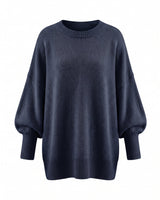The Lorna knit pullover in navy blue — relaxed round-neck dropped-shoulder sweater, product flat-lay