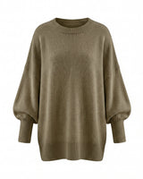 The Lorna knit pullover in dark green — relaxed round-neck dropped-shoulder sweater, product flat-lay