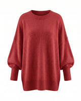 The Lorna knit pullover in red — relaxed round-neck dropped-shoulder sweater, product flat-lay