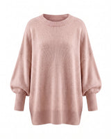 The Lorna knit pullover in pink — relaxed round-neck dropped-shoulder sweater, product flat-lay