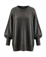 The Lorna knit pullover in dark gray — relaxed round-neck dropped-shoulder sweater, product flat-lay