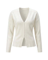 The Maisonette Cardigan in white — V-neck open-front knit cardigan, product flat-lay