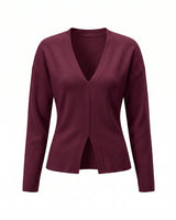 The Maisonette Cardigan in burgundy — V-neck open-front knit cardigan, product flat-lay