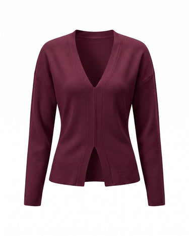 The Maisonette Cardigan in burgundy — V-neck open-front knit cardigan, product flat-lay
