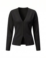 The Maisonette Cardigan in black — V-neck open-front knit cardigan, product flat-lay
