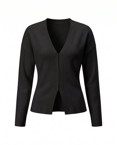 The Maisonette Cardigan in black — V-neck open-front knit cardigan, product flat-lay