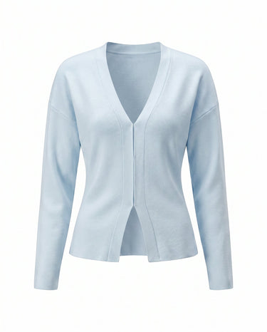 The Maisonette Cardigan in light blue — V-neck open-front knit cardigan, product flat-lay