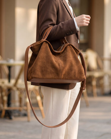 The Manon Suede Tote in tan carried by its top handle with a chocolate blazer and cream trousers