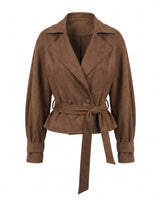The Margot Tie-waist Coat in dark brown suede-effect fabric, flat lay front view with notch lapels and self-tie belt