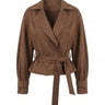 The Margot Tie-waist Coat in dark brown suede-effect fabric, flat lay front view with notch lapels and self-tie belt