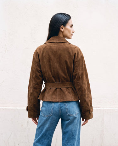 Back view of the dark brown Margot Tie-waist Coat showing the belted waist and dropped shoulders