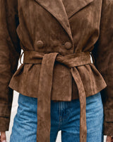 Close-up of the Margot Tie-waist Coat's self-tie belt, covered buttons and suede-effect texture