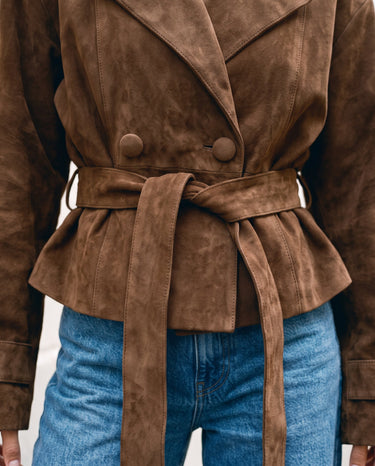 Close-up of the Margot Tie-waist Coat's self-tie belt, covered buttons and suede-effect texture