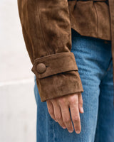 Detail of the Margot Tie-waist Coat's buttoned cuff tab and full sleeve