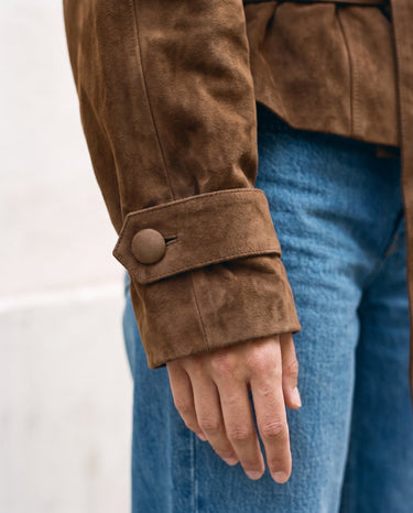 Detail of the Margot Tie-waist Coat's buttoned cuff tab and full sleeve