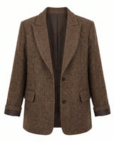 The Maribel blazer in brown — tailored wool-blend blazer with notch lapels and structured shoulders, product flat-lay