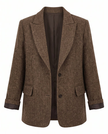 The Maribel blazer in brown — tailored wool-blend blazer with notch lapels and structured shoulders, product flat-lay