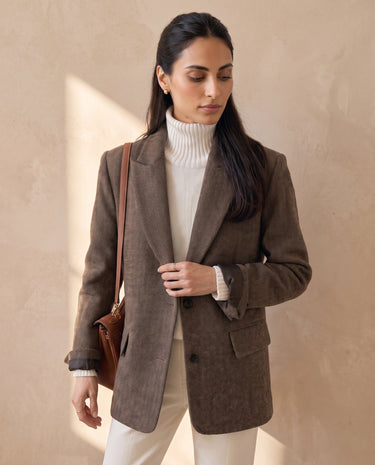 The Maribel blazer in brown — front view on model