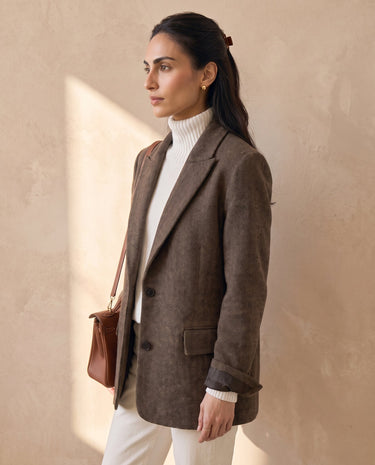 The Maribel blazer in brown — front view on model