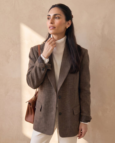 The Maribel blazer in brown — front view on model
