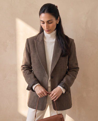 The Maribel blazer in brown — front view on model